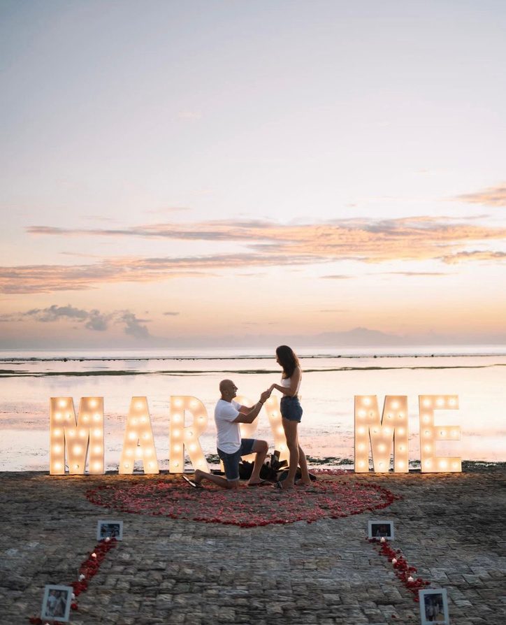 "Marry Me" Light-Up Letters proposal setup in Bali